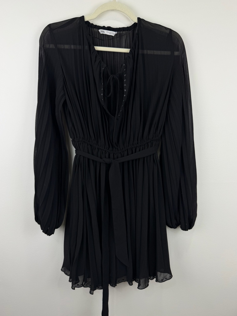 Zara Black Pleated Chiffon Mini Dress XS Sheer Balloon Sleeve Gothic